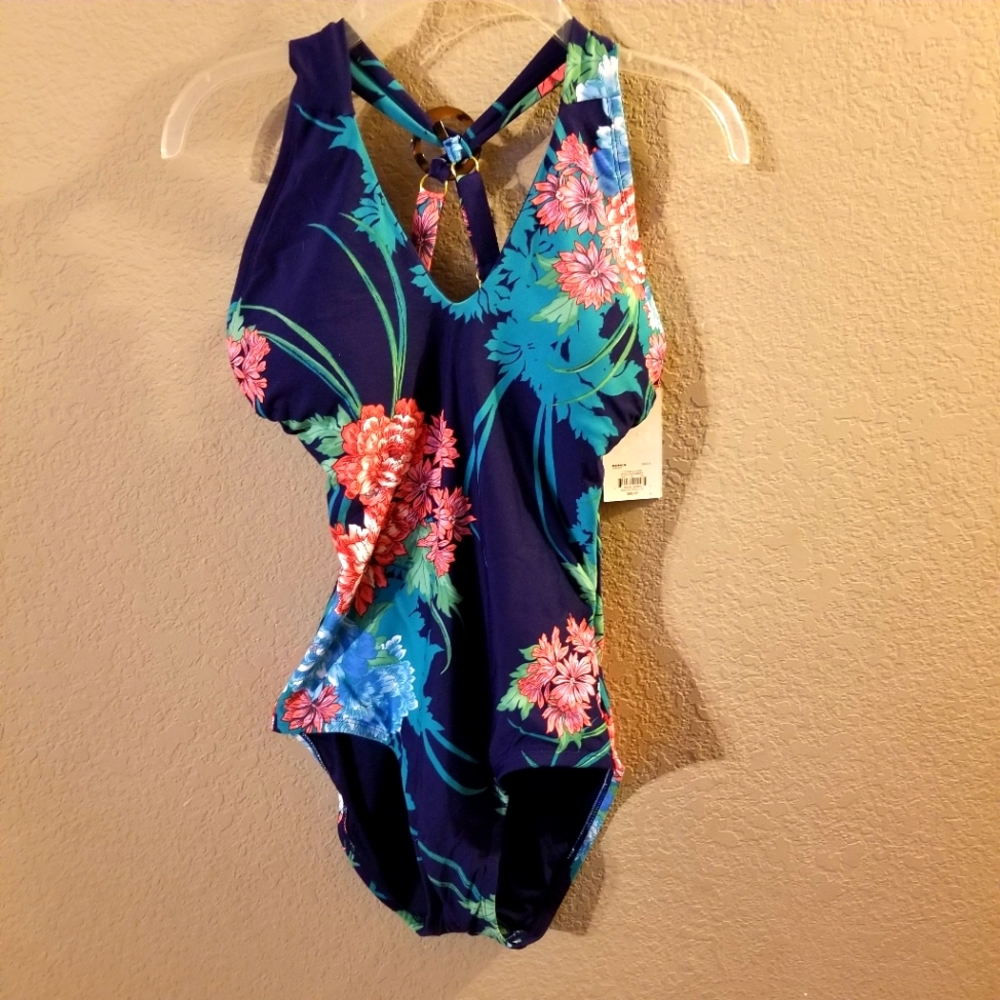 Apt 9 Womens New Blue Floral Tokyo Rose Ring Keyhole One Piece Swimsuit Small